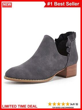 Faux Leather Ankle Boots Ruffled V Cut Pointed Toe Chunky Low Heel Western